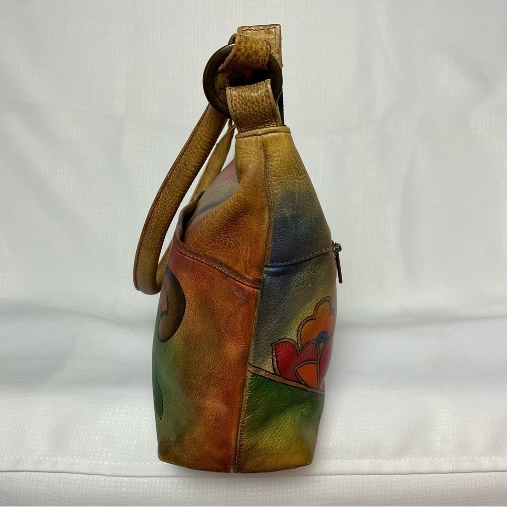 Anuschka Gorgeous Hand Painted Medium Zip Top Genuine Brown Leather Hobo Bag - Picture 13 of 15